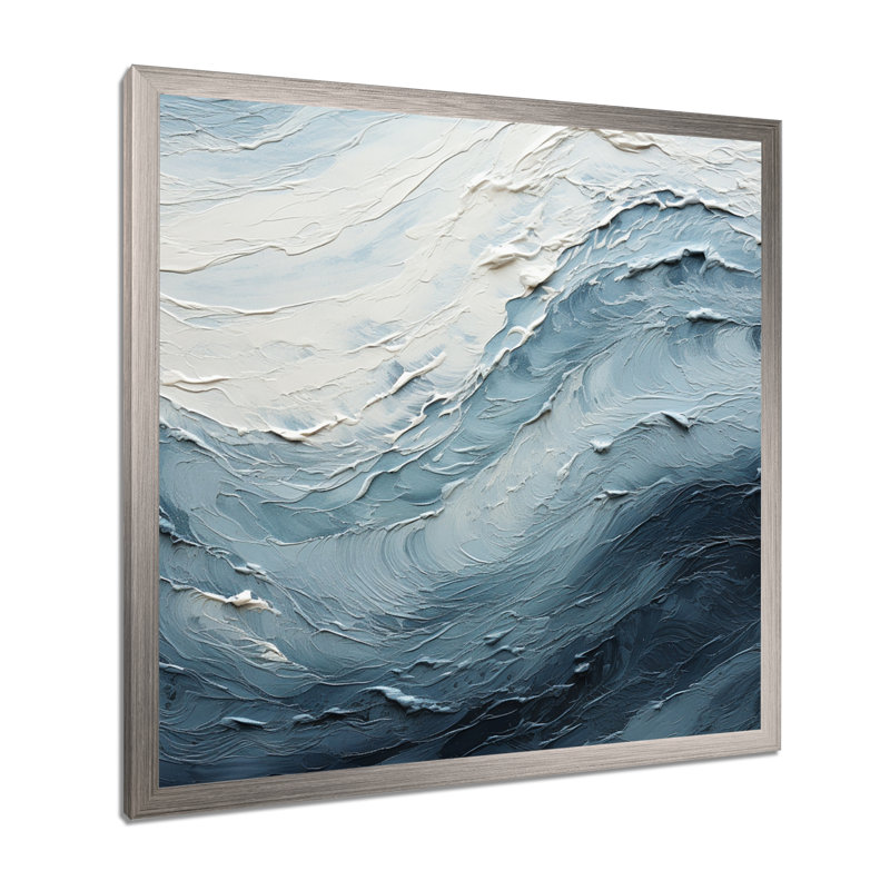 Minimalisme, peinture noire et bleue, vague II, H 16 po x l 16 po x P 1 po, Cadre simple argenté