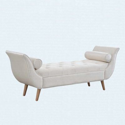 Velvet Upholstered End of Bed Bench with Rolled Arms and Pillows, Beige