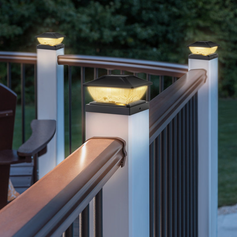 Black Solar Led Outdoor Post Cap Lights With Hammered Lens