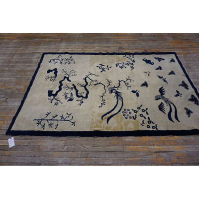 Ivory Scenic Bird of Paradise Antique Chinese Bat Cloud Band Design Peking Rug