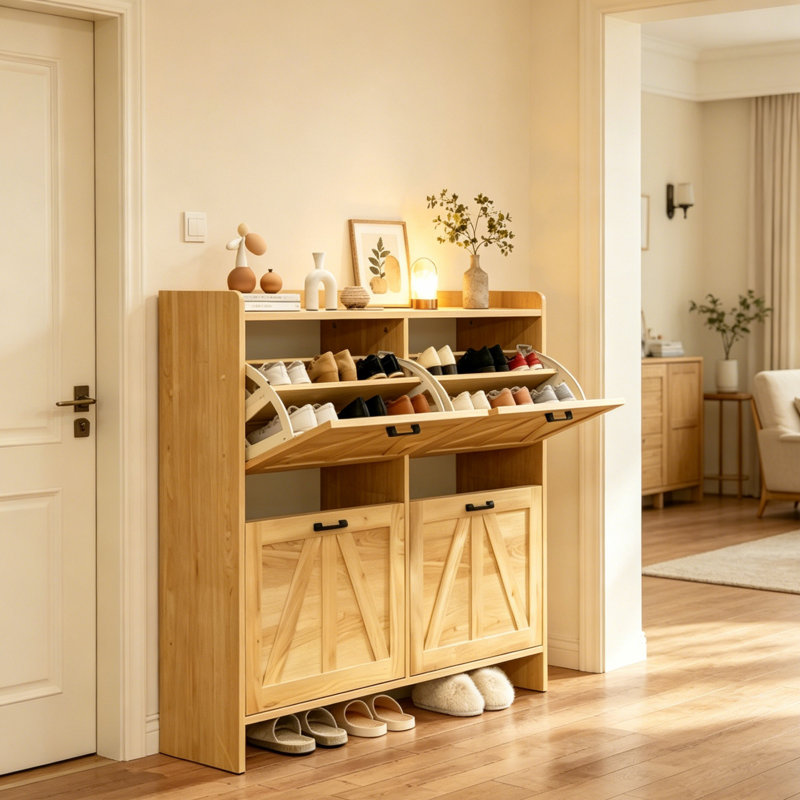 Rustic Barn Door Shoe Cabinet with 4 Flip Drawers, Slim Space-Saving Entryway Organizer in Light Oak, Perfect for Living Room & Hallway