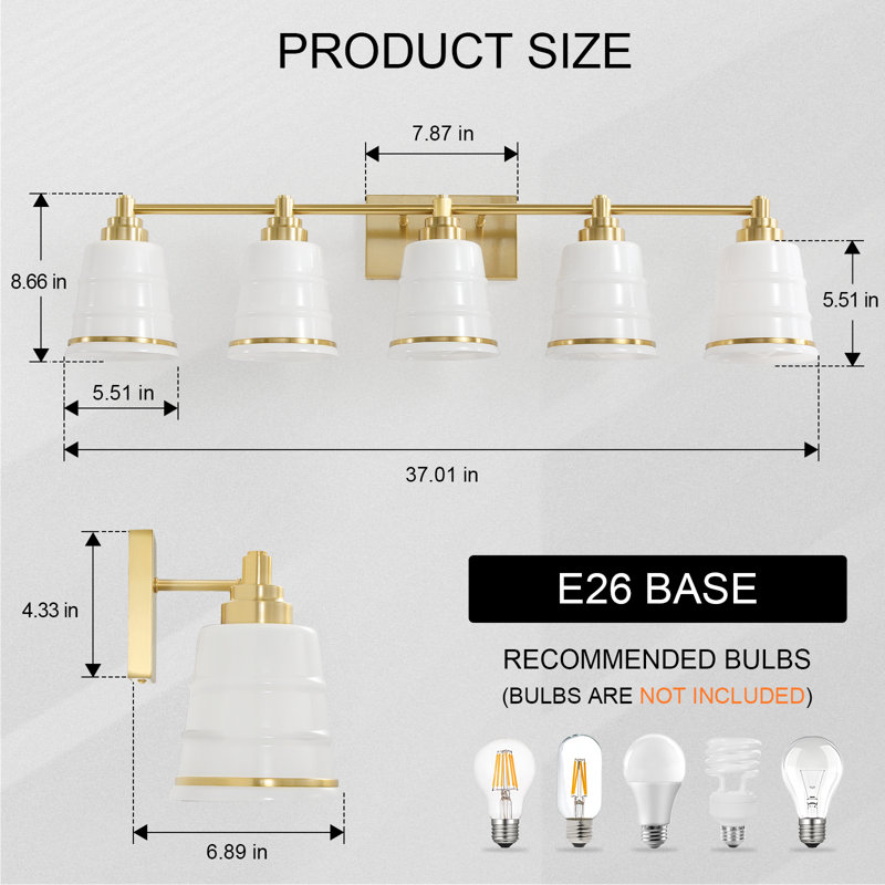 Éclairage de salle de bain à intensité variable pour salle de bain (disponible en quatre tailles), Doré, Blanc, 5