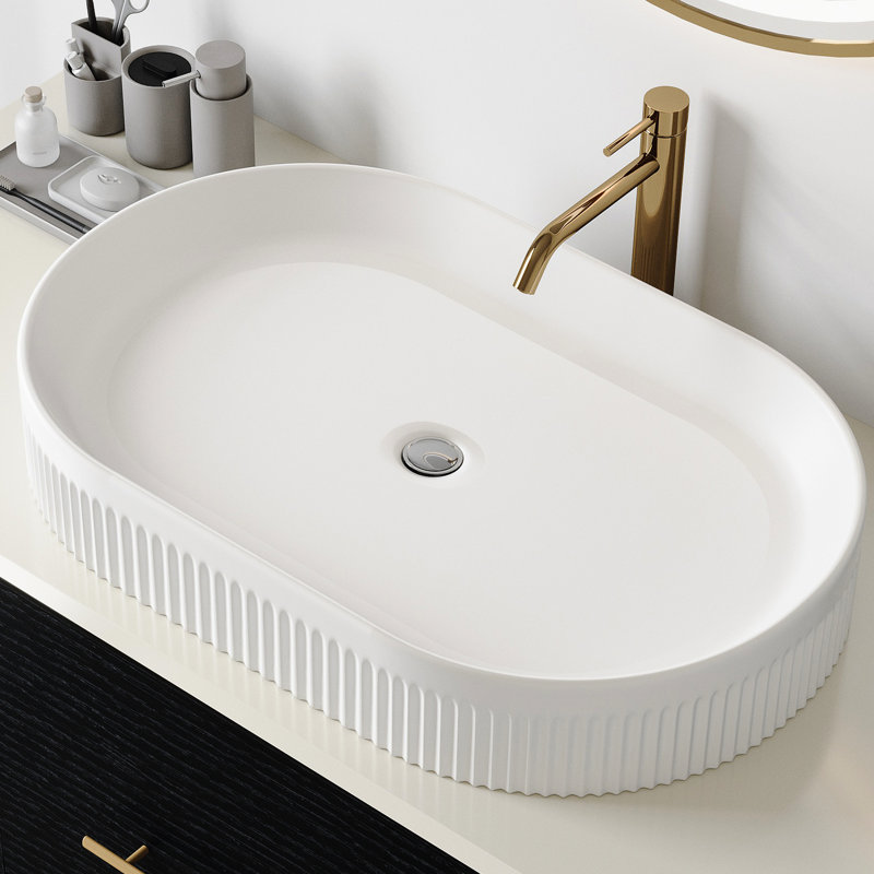 Meuble-lavabo en céramique blanc de 22,8 po avec lavabo vasque ovale et corps à rayures verticales, drain escamotable central, évite les éclaboussures d'eau