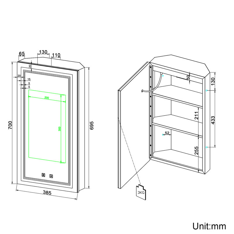 Deanise 385mm W 700mm H Frameless Medicine Cabinet Mirror 2 Fixed
