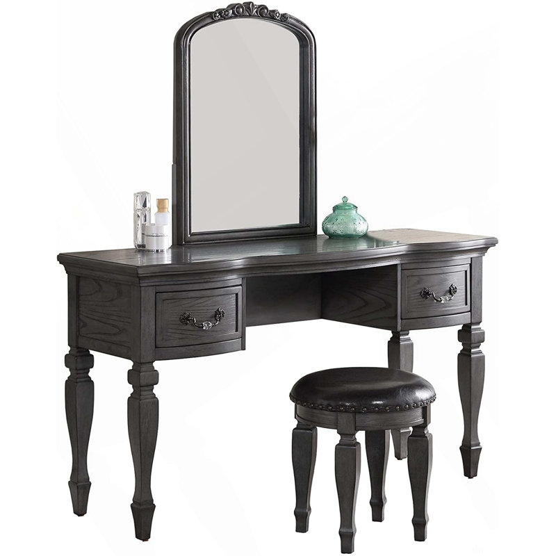 Bedroom Classic Vanity Set Wooden Carved Mirror Stool Drawers, Gray