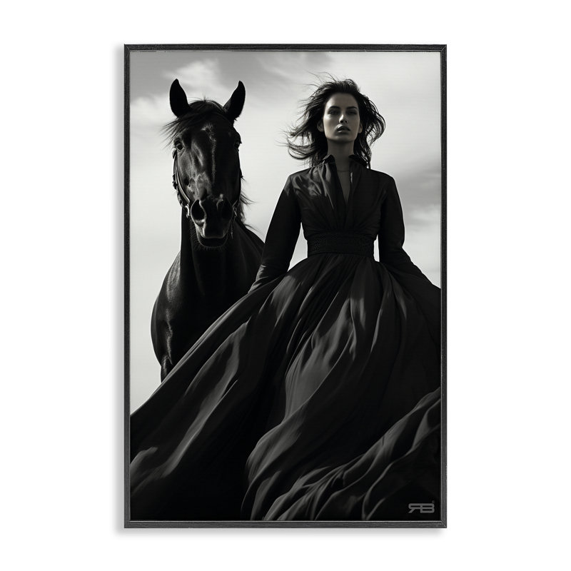 Art tendance femme avec cheval, estampe numérique par RB, Giclée encadrée noir minuit, H 30 po x l 20 po