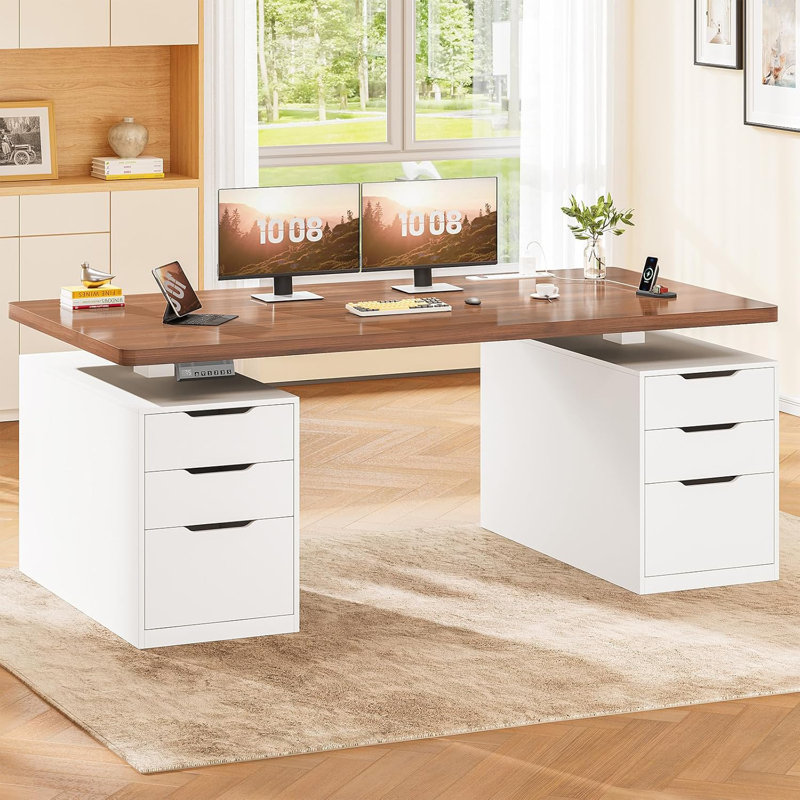 Electric Standing Desk With 6 Drawers, 55" Adjustable Stand Up Desk With Storage, Walnut/White