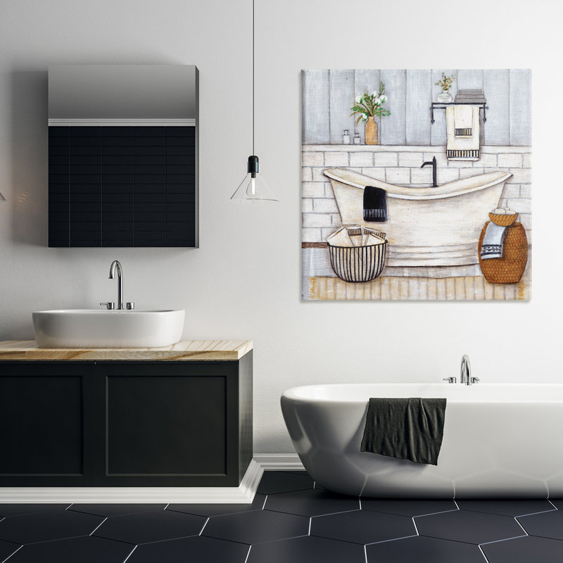 Salle de bain style campagnard baignoire gris neutre dessin - peinture, H 36 po x l 36 po