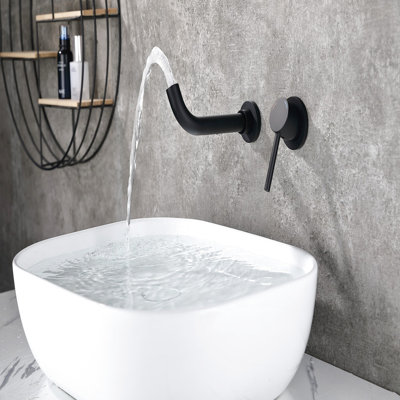 Bathroom Wall Mount Tap, Matte Black, Solid Metal, 2 Holes Single Handle With Ergonomic Design And 1/2" U.S. Plumbing Connections Black Construction, 360-Degree Movement Leak- Valve