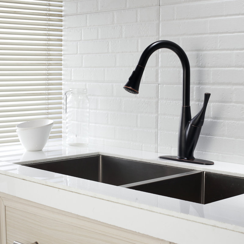 Robinet escamotable huilé en bronze huilé, silhouette épurée pour la cuisine, surface brillante, repousse les taches d'eau, poignée simple à droite ou à gauche, bec pivotant à 360 degrés, modes de pulvérisation double, montable