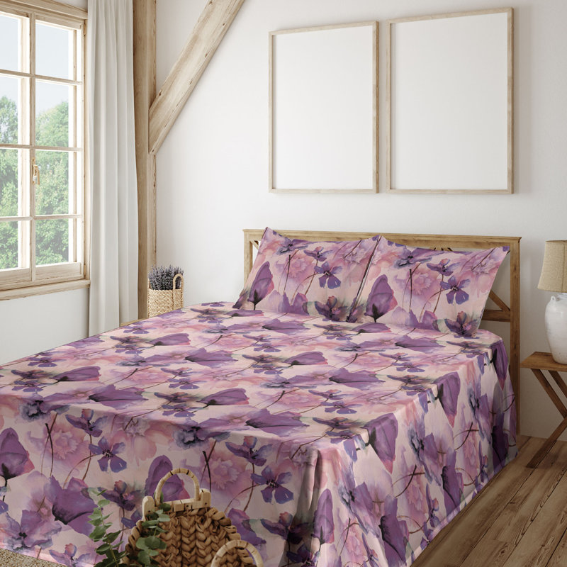 Ambesonne Floral Sheet Set Art Wild Poppy Flowers Print Blush Violet and Lilac, California Sheet Set with 2 Pillowcases
