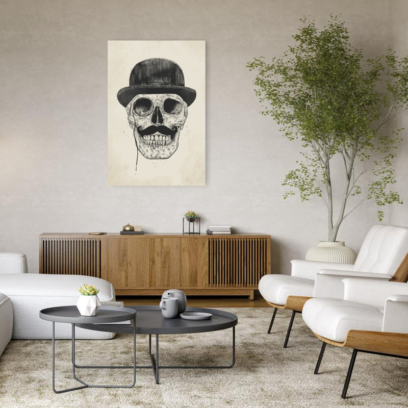 Impression d'art mural contemporain abstrait représentant un crâne d'élégant gentleman, 48" H x 32" W
