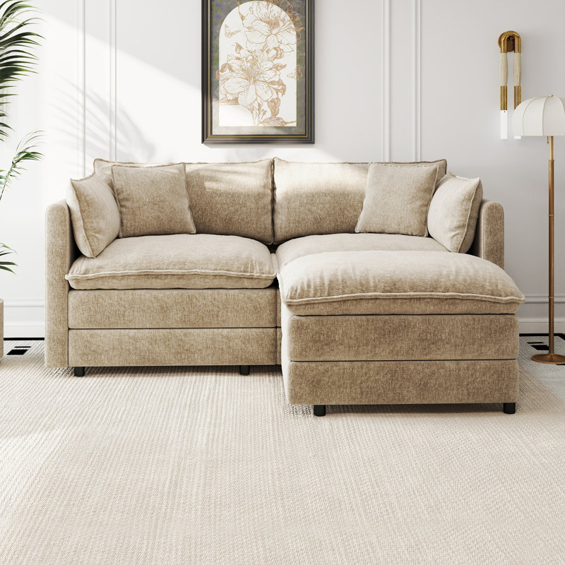 Canapé-lit en chenille moderne avec repose-pieds, Chenille café, H 33,85 po x l 77,16 po x P 35,82 po