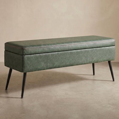 Ottoman Bench - Mid-Century Modern Bench With Synthetic Leather And Stitching, End Of Bed Bench With Hidden Storage, For Living Room, Bedroom, Entryway, Olive Green.