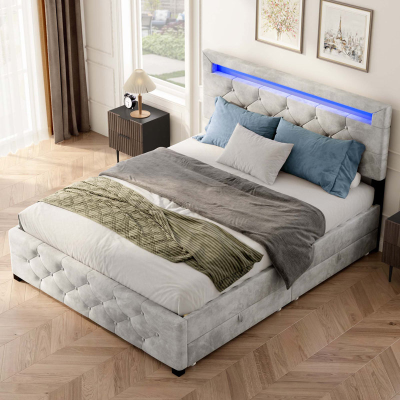 Base de lit tapissier avec rangement à 4 tiroirs et éclairage DEL, Double
