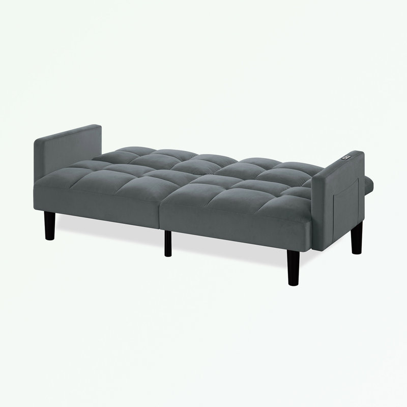 Velvet Convertible Folding Sofa Bed with side pocket, Grey
