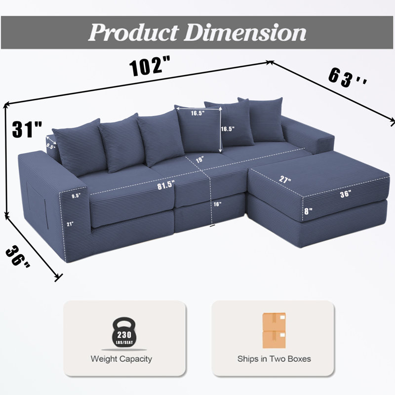 Canapé modulaire en velours côtelé avec assise profonde et coussins décoratifs Corduroy, Mélange de polyester bleu