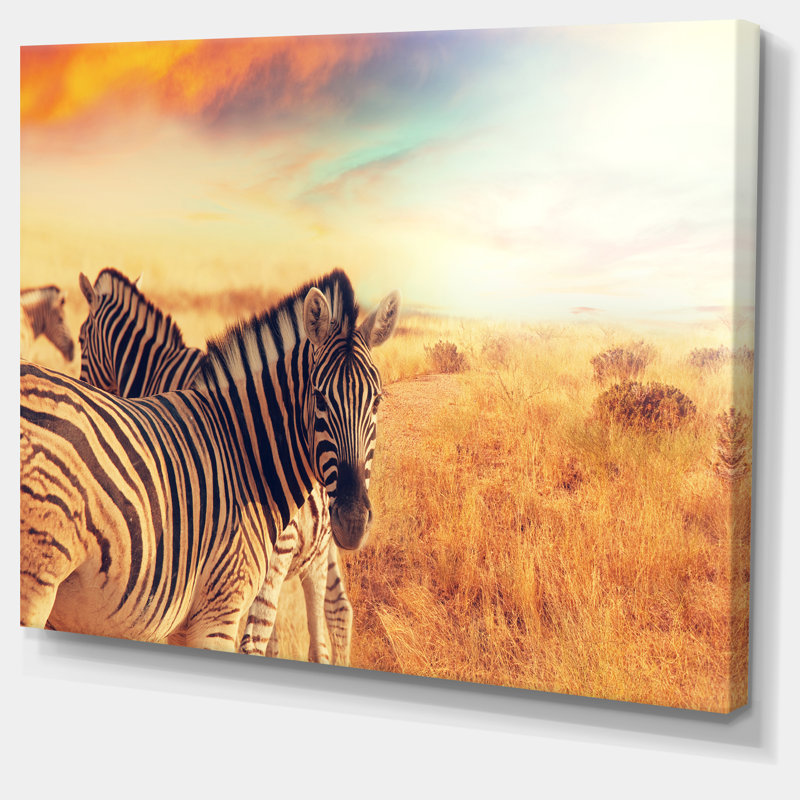 «Zebras Herd in Field at Sunset», art africain, H 8 po x l 12 po x P 1 po, Toile tendue