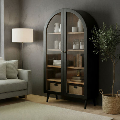 Arched Black Mango Wood Display Cabinet