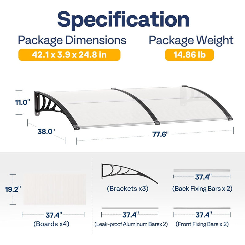 Polycarbonate Transparent Window Door Awning Spliced Canopy, 11" H x 77.6" W x 38" D