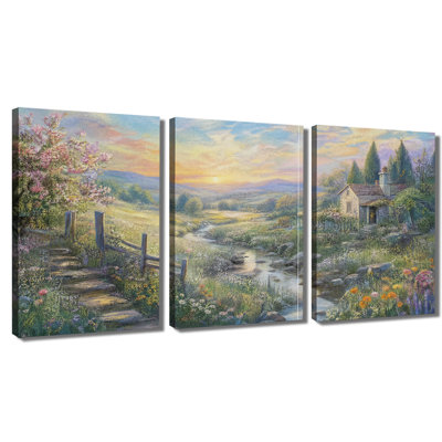 "Country Cottage Stream Wildflower Sunset Scenic", peinture à l'huile sur toile 3pc (1)
