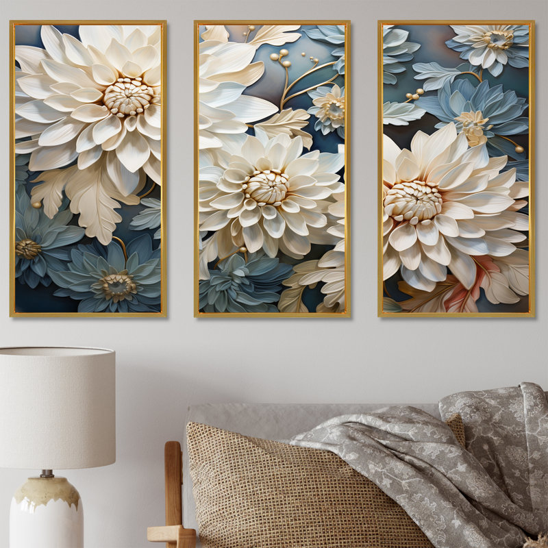 «Chrysanthemums White Blue Mosaic Garden IV - Chrysanthemums», ensemble d'art sur toile, Cadre flottant doré