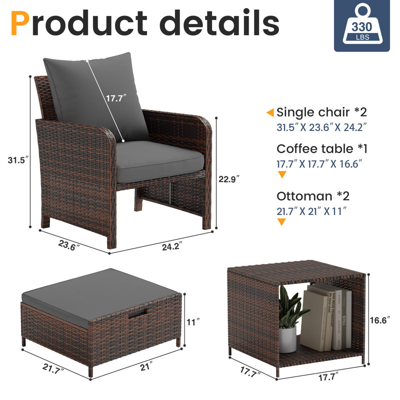 Ensemble de conversation pour terrasse en osier / rotin pour 2 personnes avec repose-pieds Billmont