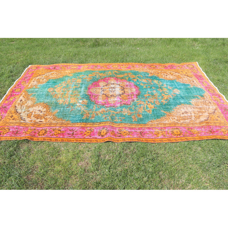 Tapis turc antique sculpté: grand tapis de chambre en laine orange avec motif rétro