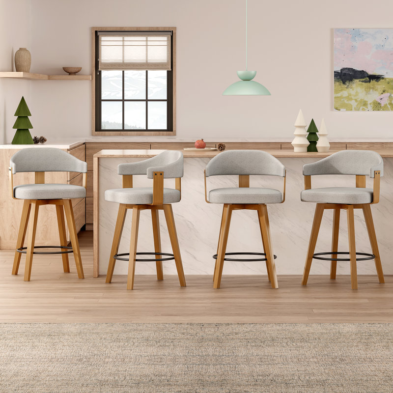 Swivel Upholstered Bar Stools 26" Counter Height, Beige Linen, 4, Dark Oak