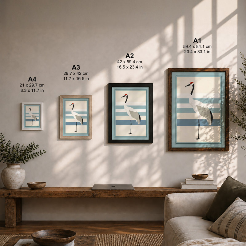 Crane and Stripes Minimalist - Framed Print, Walnut, A4 - 29.7 x 21.0 cm