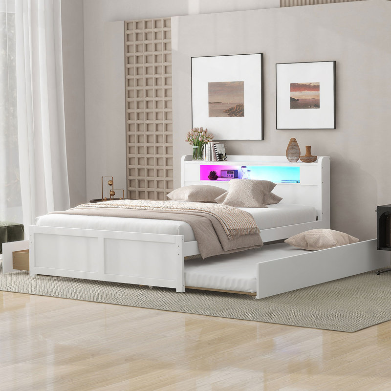 Lit plateforme avec rangement en bois avec DEL, 2 tiroirs et 1 lit gigogne, Blanc