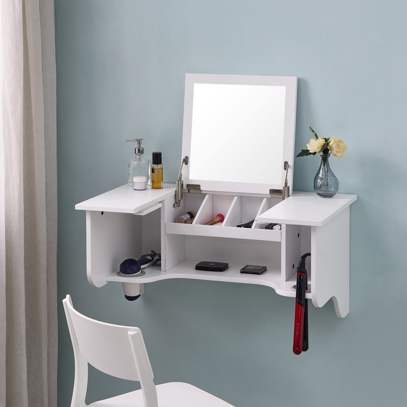 Rebord de meuble-lavabo compact avec miroir blanc - transitionnel idéal pour ranger vos accessoires de coiffure et vos outils de coiffage.