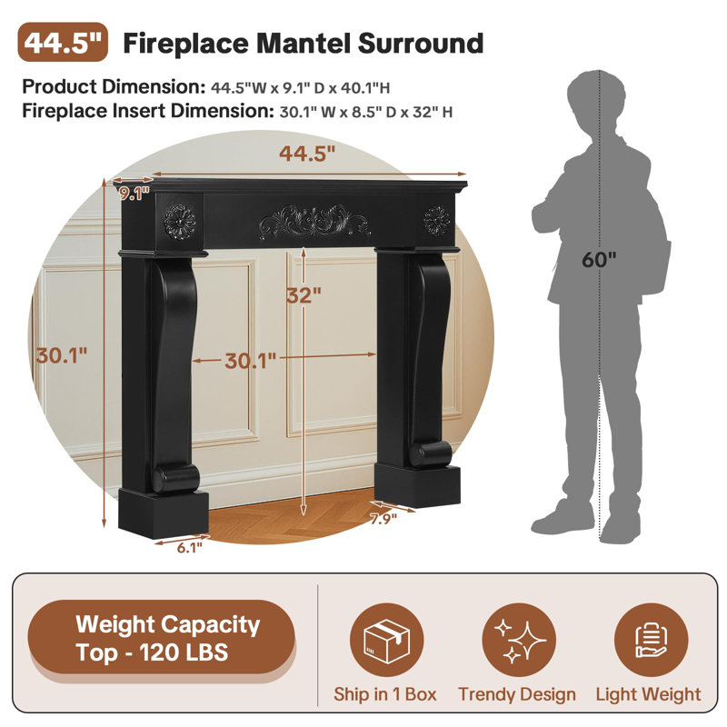 Modern Fireplace Mantel Surround, Decorative Wooden Freestanding Mantel For Electric Fireplace, Waterproof & Anti-Tipping, Premium Mdf Mantel With Leg For Living Room, Black