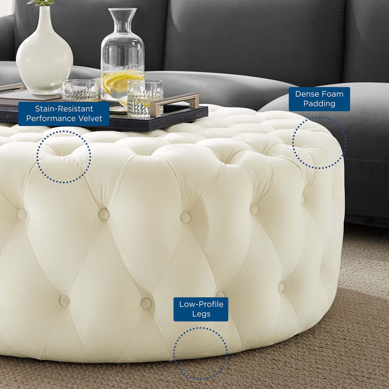 Amour 40'' Ivory Velvet Tufted Large Round Ottoman