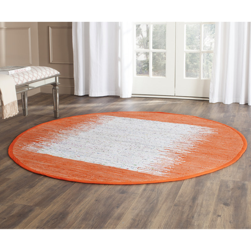 Tapis ivoire / orange en coton tissé à plat à la main à motif abstrait Paynter, Rond 4 pi