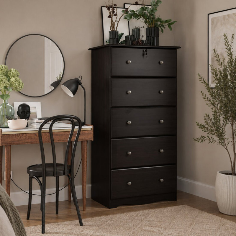 Commode 5 tiroirs 100% bois massif avec serrure et boutons en métal, Java