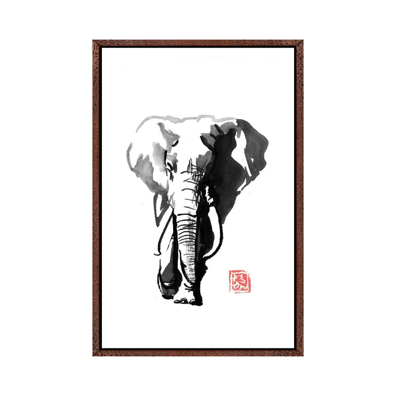 Walking Elephant by Péchane - Print on Canvas, 101.6 cm H x 66.04 cm W, Classic Brown Wood Framed