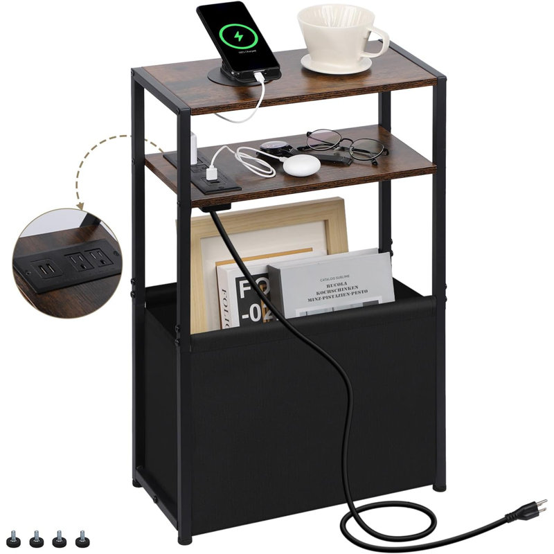 Narrow Side Table With Charging Station, Storage Bag, And Space-Saving Design