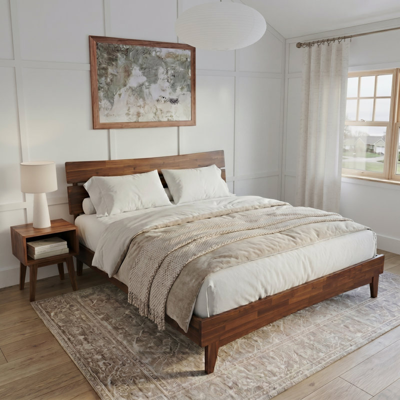 Ensemble de chambre à coucher grand 2 pièces - Structure de lit plateforme en bois d'acacia massif et table de chevet assortie, finition Mid-Century moderne, finition noyer, capacité de 800 lb, rangement, sans sommier, facile à assembler