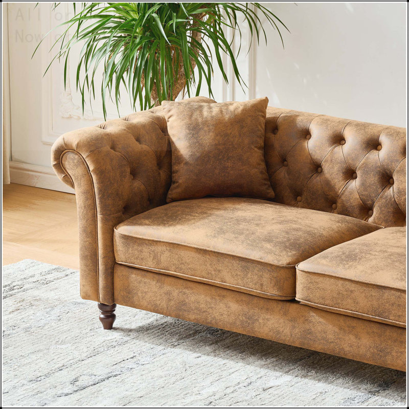 Ensemble de canapés en tissu Chesterfield ‌tech à 3 places et 2 places, canapé à accoudoirs roulés en tissu High-Tech, canapé Mid-Century rembourré, canapé 3 + 2 places pour salon, bureau, appartement, brun