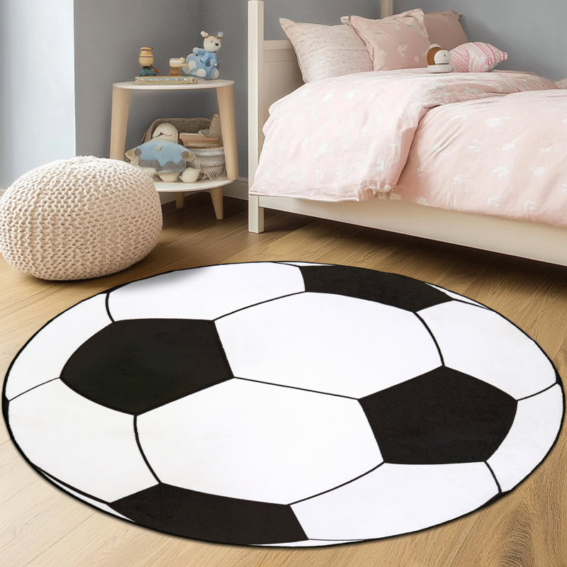 Round 47inch Children's Area Rug,Football Pattern, Faux Cashmere Non-Slip Carpet, Suitable for Living Room, Bedroom, Children's Room, Home Decor