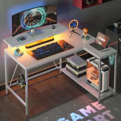 42" W L-Shaped Reversible Gaming Desk with LED Lights and Monitor Stand