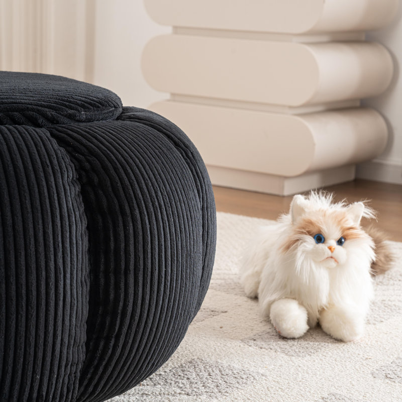 Upholstered Corduroy Pumpkin Round Boneless Cocktail Ottoman Compression, Corduroy Black