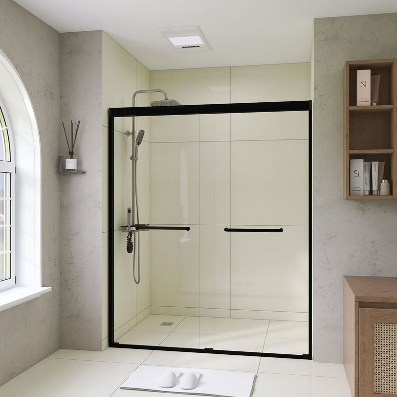 56-60" X 72" Double Sliding Shower Door - 1/4" (6Mm) Tempered Glass With Explosion-Proof Film, Aluminum Frame & Stainless Steel Handle, Matte Black Finish