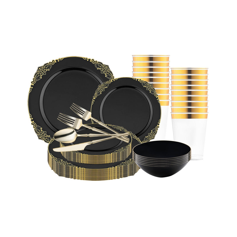 Black with Gold Fancy Round Disposable Plastic Tableware Set - 60 Settings
