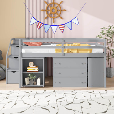 Full Size Low Loft Bed With Retractable Writing Desk And 3 Drawers, Wooden Loft Bed Frame With Storage Stairs And Shelves by Latitude Run