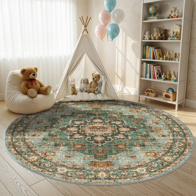 Washable Oriental Area Rug - Rugs for Living Room Soft Carpet for Bedroom Waterproof Floral Distressed Indoor Stain Resistant Non-Shedding Floor Carpets (Green)