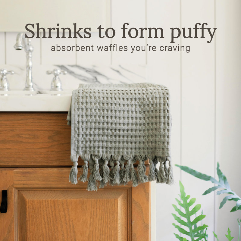Waffle Tassel Hand Towel Set of 2 – 100% Natural Cotton Quick-Drying, Super Absorbent, Modern Style, Sage Gray