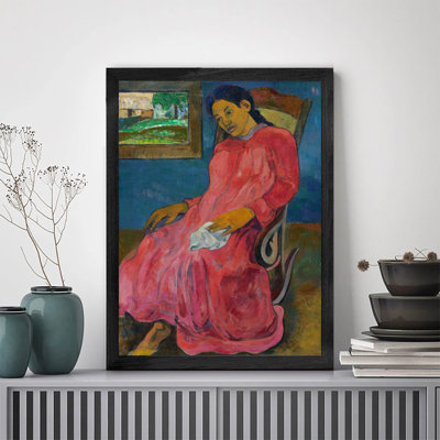 Minimalist Black Framed Artwork Ready to Hang Woman Red Dress Sitting Chair Wall Art Painting with Durable Black Timber Frame for Interior Design Home Decor