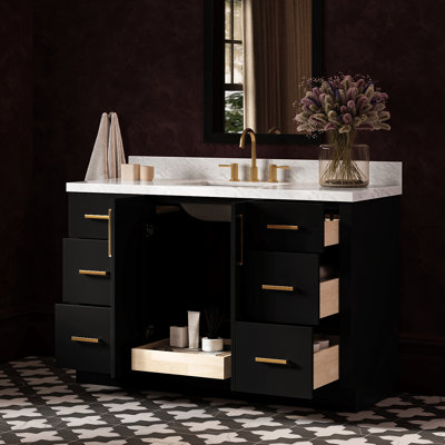 Meuble-lavabo rectangulaire simple de 55 pouces avec comptoir en marbre blanc de Carrare de 1,5 pouce d'épaisseur, finition noire.
